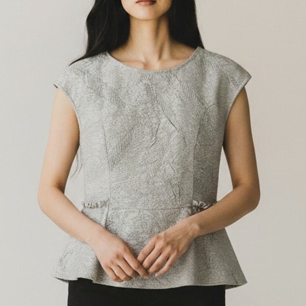 Zara W&B Collection Lace Peplum Top Blouse Sleeveless Back ZipUp Stretch M Beige